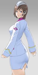 Rule 34 | 1girl, ass, blue eyes, breasts, brown hair, character request, closed mouth, from behind, hat, highres, lipstick, long sleeves, looking at viewer, looking back, macross, macross frontier, makeup, mature female, medium breasts, pencil skirt, shigenobu, short hair, skirt, smile, white skirt