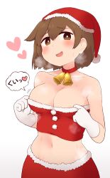 1girl areola_slip bell blush breasts brown_eyes brown_hair choker fur_trim gloves hat heart highres hiryuu_(kancolle) kantai_collection medium_breasts midriff navel neck_bell open_mouth pom_pom_(clothes) red_choker red_skirt santa_costume santa_hat short_hair simoyuki simple_background skirt solo strapless tube_top white_background white_gloves