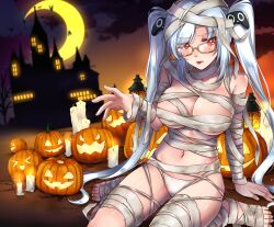 Rule 34 | 1girl, absurdres, bandages, bandages around chest, breasts, castle, glasses, halloween, highres, jack-o&#039;-lantern, large breasts, looking at viewer, looking over eyewear, mummy, naked bandage, navel, solo, songwut ouppakarndee, tongue, tongue out, twintails, underboob, white hair