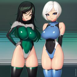 Rule 34 | 2girls, arms behind back, artist name, bare shoulders, black eyes, blue eyes, borrowed character, breasts, commentary, commission, covered navel, elbow gloves, english commentary, eyes visible through hair, gloves, gradient hair, green eyes, green hair, hand on own hip, highleg, impossible clothes, impossible leotard, kuroonehalf, large breasts, leotard, long hair, looking at viewer, multicolored hair, multiple girls, original, parted lips, short hair, skin tight, smile, thighhighs, white hair