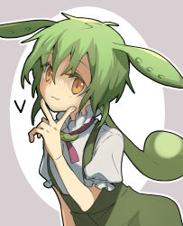 Rule 34 | 1girl, :3, blush, closed mouth, commentary request, cowboy shot, flat chest, frilled sleeves, frills, green hair, green shorts, green suspenders, hair between eyes, highres, long hair, looking at viewer, nahori (hotbeans), neck ribbon, personification, pink ribbon, puffy short sleeves, puffy sleeves, ribbon, shirt, short sleeves, shorts, smile, solo, suspenders, v, voicevox, white shirt, yellow eyes, zundamon