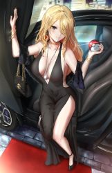 Rule 34 | 1girl, arm up, bag, black dress, black nails, blonde hair, breasts, car, covered navel, creatures (company), cynthia (pokemon), dress, earrings, evening gown, feather boa, full body, game freak, gold bracelet, gold choker, hair down, hair over one eye, handbag, high heels, highres, holding, holding poke ball, ippers, jewelry, large breasts, long hair, motor vehicle, nail polish, necklace, night, nintendo, plunging neckline, poke ball, poke ball (basic), pokemon, pokemon dppt, red carpet, side slit, solo, sports car, taut clothes, taut dress, thighs, wavy hair