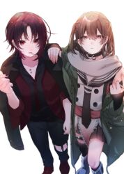 Rule 34 | 2girls, arm around shoulder, black choker, black hair, black jacket, black neckerchief, black pants, brown eyes, brown hair, choker, cigarette, closed mouth, coat, crossover, earrings, green coat, hair between eyes, highres, holding, holding cigarette, jacket, jacket on shoulders, jewelry, kantai collection, kisaragi ren (vtuber), long sleeves, looking at viewer, mouth hold, multicolored hair, multiple girls, nail polish, neckerchief, necklace, off shoulder, pants, piercing, red eyes, red hair, rinto (rint rnt), sailor collar, scarf, sendai (kancolle), sendai kai ni (kancolle), shirt, short hair, simple background, single earring, single thighhigh, sleeveless, thigh strap, thighhighs, two side up, virtual youtuber, vspo!, white background, white sailor collar, white scarf