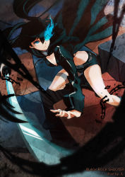 Rule 34 | 10s, 1girl, bikini, bikini top only, black bikini, black hair, black rock shooter, black rock shooter (character), black shorts, black sweater, blue eyes, breasts, chain, checkered floor, cleavage, flaming eyes, holding, holding sword, holding weapon, huujuu, long hair, short shorts, shorts, small breasts, solo, sweater, swimsuit, sword, twintails, weapon