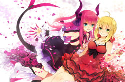 Rule 34 | 10s, 2girls, ahoge, bad id, bad pixiv id, blonde hair, blue eyes, claws, detached sleeves, dress, elizabeth bathory (fate), elizabeth bathory (fate/extra ccc), elizabeth bathory (first ascension) (fate), fate/extra, fate/extra ccc, fate (series), flower, green eyes, horns, long hair, multiple girls, nero claudius (fate), nero claudius (fate) (all), nero claudius (fate/extra), official alternate costume, pink hair, pointy ears, ranpak, red dress, sundress, tail, two side up, yoshida (ne)