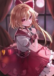 Rule 34 | 1girl, alternate costume, black choker, blonde hair, bow, choker, closed mouth, commentary request, curtains, flandre scarlet, full moon, hair bow, heart, heart-shaped pupils, highres, indoors, light blush, looking at viewer, moon, multicolored wings, puffy short sleeves, puffy sleeves, red bow, red eyes, red nails, red sailor collar, sailor collar, shironeko yuuki, short hair with long locks, short sleeves, side ponytail, smile, solo, symbol-shaped pupils, touhou, window, wings, wrist cuffs