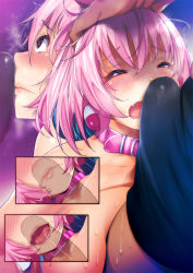 Rule 34 | 1boy, 1girl, belt collar, black male underwear, blue hair, blush, breast press, bulge, closed eyes, closed mouth, collar, earrings, erection, erection under clothes, face, facejob, fang, forced, forced to smell, fumihiko (fu mihi ko), hair between eyes, hand on another&#039;s head, head out of frame, hetero, highres, idolmaster, idolmaster cinderella girls, invisible penis, jewelry, looking at penis, male underwear, multicolored hair, multiple views, nose blush, nude, open mouth, penis on face, pill earrings, pink collar, pink eyes, pink hair, profile, short hair, smelling, smelling penis, streaked hair, sweat, tearing up, tongue, two-tone hair, underwear, yumemi riamu
