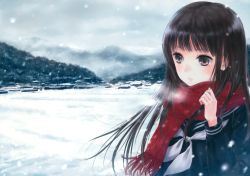 Rule 34 | 1girl, absurdres, black hair, blush, breath, brown eyes, day, forest, fujita hidetoshi, grey sky, hand up, highres, long hair, long sleeves, mountainous horizon, nature, original, outdoors, overcast, parted lips, red scarf, scarf, scenery, school uniform, sky, snow, snowing, solo, tree, upper body, village, winter