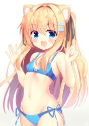 Rule 34 | 1girl, :d, animal ear fluff, animal ears, bare arms, bikini, black ribbon, blonde hair, blue bikini, blue eyes, blush, bow, bow bikini, breasts, cat ears, cat girl, cat tail, cowboy shot, fang, gradient background, groin, hair ornament, hair ribbon, hairclip, hands up, highres, hiragana iroiro, long hair, looking at viewer, navel, open mouth, original, ribbon, side-tie bikini bottom, sidelocks, skin fang, small breasts, smile, solo, straight hair, swimsuit, tail, two side up, white background