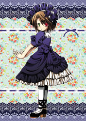 Rule 34 | 1girl, alternate costume, back bow, black footwear, bonnet, bow, brown hair, commentary request, dress, expressionless, floral background, full body, gothic lolita, green background, green eyes, hair between eyes, heterochromia, high heels, lace background, lolita fashion, looking at viewer, looking to the side, medium bangs, morinaga hinase, open mouth, pantyhose, petticoat, puffy short sleeves, puffy sleeves, purple bow, purple dress, purple headwear, red eyes, rozen maiden, short hair, short sleeves, solo, souseiseki, standing, waist bow, white pantyhose