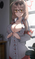 Rule 34 | 1girl, ahoge, armband, blue archive, breasts, brown eyes, brown hair, buttoning, center frills, chinatsu (blue archive), cleavage, collarbone, frills, glasses, halo, highres, indoors, large breasts, long hair, long sleeves, looking at viewer, low twintails, neck ribbon, parted lips, pointy ears, raitho, red ribbon, ribbon, shirt, solo, twintails, undone neck ribbon, white shirt, window