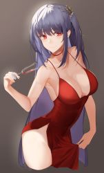 Rule 34 | 1girl, absurdres, ahoge, alcohol, azur lane, bad id, bad twitter id, bare shoulders, black hair, blush, breasts, brown background, champagne flute, choker, cleavage, closed mouth, clothes lift, cocktail dress, collarbone, cropped legs, cup, dress, dress lift, drinking glass, hair between eyes, hair ornament, highres, holding, holding cup, large breasts, lifting own clothes, long hair, looking at viewer, official alternate costume, one side up, orn, red choker, red dress, red eyes, sidelocks, simple background, smile, solo, taihou (azur lane), taihou (forbidden feast) (azur lane), very long hair