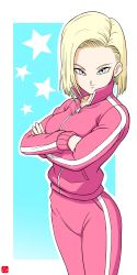 Rule 34 | 10s, 1girl, absurdres, android 18, blonde hair, blue eyes, border, breasts, chris re5, closed mouth, crossed arms, dragon ball, dragon ball super, dragonball z, earrings, female focus, highres, jacket, jewelry, long sleeves, looking at viewer, outline, pants, pink pants, pink track jacket, pink track pants, short hair, simple background, smile, solo, standing, star (symbol), track and field, track jacket, track pants, track suit, white background, white border, white outline