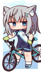 Rule 34 | 1girl, animal ear fluff, animal ears, bicycle, biker clothes, bikesuit, blue archive, blue background, blue eyes, blue footwear, blush, bodysuit, cat ears, chibi, clothes writing, covered navel, empty eyes, full body, gloves, green gloves, grey hair, groin, hair ornament, halo, hana kazari, hand on own hip, highres, long hair, looking at viewer, shaded face, shiroko (blue archive), shiroko (cycling) (blue archive), shoes, short sleeves, socks, solo, standing, sweat, white socks