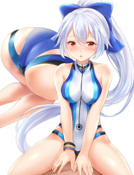 Rule 34 | 1girl, :o, ass, bare arms, bare shoulders, blue bow, blush, bow, breasts, collarbone, competition swimsuit, fate/grand order, fate (series), hair bow, high ponytail, large breasts, long hair, multiple views, nikoo, one-piece swimsuit, open mouth, red eyes, silver hair, simple background, skindentation, straddling, sweatband, swimsuit, thighs, tomoe gozen (fate), tomoe gozen (swimsuit saber) (fate), tomoe gozen (swimsuit saber) (first ascension) (fate), two-tone swimsuit, very long hair, white background