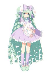 Rule 34 | 1girl, apron, blue eyes, blush, bow, chromatic aberration, commission, dress, drill hair, drill sidelocks, frilled apron, frilled dress, frills, full body, green hair, hair bow, hair ribbon, highres, holding, holding stuffed toy, kneehighs, long hair, looking at viewer, mamyouda, original, purple bow, purple dress, purple ribbon, purple socks, ribbon, short sleeves, sidelocks, skeb commission, slippers, socks, solo, standing, stuffed animal, stuffed toy, very long hair, white apron