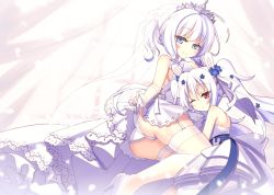 Rule 34 | 2girls, ahoge, ass, azur lane, backless dress, backless outfit, blue eyes, blush, breasts, center opening, clothes lift, dress, flower, frilled panties, frills, garter straps, gloves, hair between eyes, hair flower, hair ornament, high heels, illustrious (azur lane), illustrious (morning star of love and hope) (azur lane), laffey (azur lane), large breasts, layered dress, lifted by self, long hair, looking at viewer, multiple girls, official alternate costume, one eye closed, panties, pantyhose, ponytail, red eyes, skirt, skirt lift, sleeveless, sleeveless dress, smile, thighhighs, tiara, twintails, underwear, veil, wedding dress, white dress, white footwear, white gloves, white hair, white legwear, white panties, yazuki yume