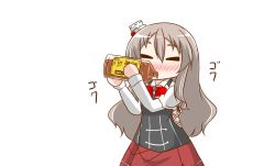 Rule 34 | 1girl, = =, alcohol, bottle, closed eyes, commentary request, corset, cowboy shot, drinking, drunk, grey hair, hat, highres, kantai collection, mini hat, nanakusa suzuna, pola (kancolle), red skirt, shirt, simple background, skirt, solo, thick eyebrows, tilted headwear, wavy hair, white background, white shirt