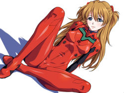 Rule 34 | 00s, 1girl, blue eyes, blush, bodysuit, breasts, breasts apart, brown hair, closed mouth, dutch angle, evangelion: 2.0 you can (not) advance, full body, gipsy underground, hair between eyes, head tilt, headgear, hip focus, knee up, latex, light smile, long hair, looking at viewer, medium breasts, neon genesis evangelion, parted bangs, pilot suit, plugsuit, rebuild of evangelion, shadow, shiny clothes, simple background, sitting, skin tight, skinny, smile, solo, souryuu asuka langley, spread legs, turtleneck, two side up, white background