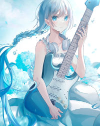 Rule 34 | 1girl, bare shoulders, blue eyes, blue flower, blue hair, blue nails, blue theme, braid, closed mouth, collarbone, commentary, dress, electric guitar, fender stratocaster, flower, guitar, headphones, headphones around neck, highres, holding, holding instrument, hydrangea, instrument, long hair, looking at viewer, low twin braids, nail polish, original, sleeveless, sleeveless dress, solo, sutera sea, tearing up, tears, twin braids, very long hair, water drop, white dress