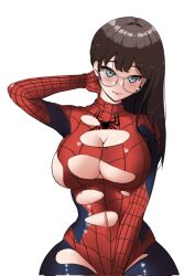 Rule 34 | 1girl, animal print, aqua eyes, black hair, blush, bodysuit, breasts, closed mouth, cosplay, dzombi, glasses, highres, large breasts, long hair, marvel, multicolored bodysuit, multicolored clothes, navel, spider-man, spider-man (cosplay), spider-man (series), spider print, spider web print, torn clothes, upper body, white background
