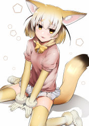 Rule 34 | 10s, 1girl, :3, absurdres, akechi shizuku, animal ears, between legs, blonde hair, blush, dutch angle, elbow gloves, fennec (kemono friends), fox ears, fox tail, gloves, grey skirt, hand between legs, hexagon, highres, jitome, kemono friends, looking at viewer, miniskirt, parted lips, pleated skirt, shadow, shoes, short sleeves, sitting, skirt, smile, solo, tail, thighhighs, wariza, white background, yellow thighhighs
