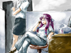 Rule 34 | 1girl, alternate costume, bad id, bad pixiv id, bc, bespectacled, cellphone, chair, contemporary, cup, dress shirt, female focus, glasses, high heels, highres, crossed legs, mug, mukyuu, office, office lady, pants, patchouli knowledge, pencil skirt, phone, purple hair, shirt, shoes, sitting, skirt, talking on phone, touhou