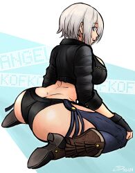 Rule 34 | 1girl, absurdres, angel (kof), ass, black jacket, black panties, blue eyes, boots, breasts, butt crack, chaps, character name, closed mouth, cowboy boots, cropped jacket, female focus, highres, jacket, large breasts, leather, leather jacket, looking at viewer, looking back, panties, revealing clothes, short hair, sidelocks, sitting, snk, solo, the king of fighters, thighs, underwear, videajames, wariza, white hair