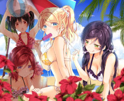 Rule 34 | 10s, 4girls, armpits, arms up, ayase eli, ball, beach, beachball, bikini, black hair, blonde hair, blue eyes, blush, breasts, cleavage, cloud, collarbone, commentary request, day, eating, floral print, flower, food, food in mouth, frilled bikini, frills, front-tie bikini top, front-tie top, green eyes, hair between eyes, hair ornament, hair scrunchie, halterneck, hand on another&#039;s thigh, head rest, holding, holding food, licking lips, looking at viewer, love live!, love live! school idol festival, love live! school idol project, medium breasts, mogu (au1127), multiple girls, nishikino maki, ocean, outdoors, palm tree, parted bangs, pink scrunchie, ponytail, print bikini, purple eyes, purple hair, red bikini, red eyes, red flower, red hair, scrunchie, side-tie bikini bottom, sideboob, sidelocks, sky, swimsuit, textless version, tongue, tongue out, tojo nozomi, tree, twintails, umbrella, untying, white scrunchie, yazawa nico, yellow bikini
