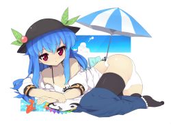 Rule 34 | 1girl, ass, black thighhighs, blue hair, blush, bra, clothes pull, female focus, food, fruit, hat, hinanawi tenshi, long hair, looking at viewer, lying, off shoulder, on side, open clothes, open shirt, panties, parasol, peach, pink eyes, shibatenko, shirt, skirt, skirt pull, solo, thighhighs, touhou, umbrella, underwear, white bra, white panties