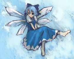 1girl barefoot blue_eyes blue_hair cirno dress embodiment_of_scarlet_devil female_focus full_body gradient_background hair_ribbon lowres matching_hair/eyes ribbon ryuushou sketch smile solo touhou wings