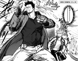 Rule 34 | 2boys, alternate costume, bad id, bad pixiv id, beard, black shirt, boku no hero academia, casual, coat, deflect, endeavor (boku no hero academia), facial hair, feathered wings, fighting stance, greyscale, highres, large pectorals, legs apart, male focus, mature male, monochrome, motion lines, multiple boys, muscular, muscular male, open clothes, open coat, pectorals, scar, scar across eye, scar on face, shirt, short hair, sideburns, spiked hair, stubble, thighs, translation request, u2suke, wings