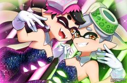 Rule 34 | + +, 2girls, ;d, artist name, bare shoulders, black hair, breasts, brown eyes, callie (splatoon), cleavage, clenched teeth, commentary, cousins, detached collar, domino mask, earrings, english commentary, gloves, holding hands, inkling, interlocked fingers, jewelry, looking at viewer, marie (splatoon), mask, medium breasts, multiple girls, nintendo, one eye closed, open mouth, pointy ears, pokey, short hair, smile, splatoon (series), splatoon 1, teeth, white gloves, white hair