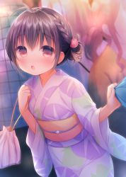 Rule 34 | 2girls, :o, blurry, blurry background, blush, braid, brown eyes, brown hair, clothes grab, commentary request, depth of field, drawstring bag, hair between eyes, hair ornament, japanese clothes, kimono, long sleeves, looking at viewer, moe2018, multiple girls, obi, original, parted lips, print kimono, purple kimono, sash, side ponytail, solo focus, usashiro mani, wide sleeves