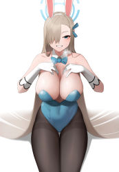 Rule 34 | 1girl, animal ears, asuna (blue archive), asuna (bunny) (blue archive), bare shoulders, blue archive, blue eyes, blue leotard, blush, bow, bowtie, breasts, brown pantyhose, cleavage, detached collar, elbow gloves, fake animal ears, gloves, grin, hair over one eye, halo, highleg, highleg leotard, highres, large breasts, leotard, light brown hair, long hair, looking at viewer, mole, mole on breast, pantyhose, playboy bunny, rabbit ears, senju (snz0), smile, solo, strapless, strapless leotard, traditional bowtie, white gloves