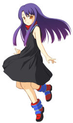 Rule 34 | 1girl, ankle boots, bare arms, beatrice (wild arms), black dress, boots, breasts, dress, from side, full body, kirikaze rushika, long hair, purple hair, sidelocks, simple background, sleeveless, sleeveless dress, solo, turtleneck, white background, wild arms, wild arms 3, yellow eyes