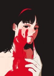 Rule 34 | 1girl, absurdres, akino kogomi, black background, black hair, blood, blood on clothes, blood on face, collarbone, fading, gloves, hairband, highres, kirigoe mima, looking at viewer, parted lips, perfect blue, red eyes, red hairband, red lips, smile, solo, upper body, white gloves