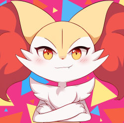 Rule 34 | 1girl, absurdres, animal ear fluff, animal ears, blush, braixen, closed mouth, creatures (company), crossed arms, fang, female focus, flong, fox ears, furry, furry female, game freak, gen 6 pokemon, happy, highres, looking at viewer, nintendo, orange eyes, pokemon, pokemon (creature), simple background, smile, solo, upper body
