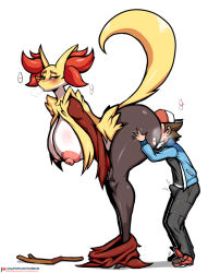 Rule 34 | 1boy, 1girl, 2019, anilingus, ass, bent over, blush, body fur, breasts, breath, bulge, clothed male nude female, creatures (company), cunnilingus, delphox, erection, face in ass, furry, game freak, gen 6 pokemon, half-closed eyes, hanging breasts, hat, headgear, headwear request, heart, hilbert (pokemon), huge ass, huge breasts, interspecies, lollipopcon, looking back, nintendo, nipples, nude, oral, orange fur, patreon, pokemon, pokemon (creature), pokemon bw, red eyes, simple background, size difference, stick, sweat, tail raised, white background, white fur, yellow fur
