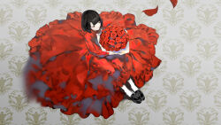 Rule 34 | 1girl, absurdres, black footwear, black hair, blunt bangs, blurry, blurry foreground, bob cut, bouquet, circle skirt, closed eyes, closed mouth, commentary, crying, dress, flower, frilled dress, frills, from above, highres, holding, holding bouquet, legs together, long dress, long sleeves, mallllma, medium hair, original, petals, red dress, red flower, red rose, rose, shoes, sitting, socks, solo, white socks, wide shot
