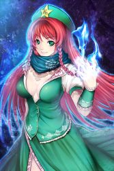 Rule 34 | 1girl, blush, bow, braid, breasts, chinese clothes, cleavage, female focus, green eyes, hair bow, hat, heart, heart-shaped pupils, hong meiling, kugi ta hori taira, large breasts, lips, long hair, looking at viewer, red hair, scarf, smile, solo, star (symbol), symbol-shaped pupils, tattoo, touhou, twin braids