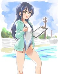 Rule 34 | 10s, 1girl, blue hair, blush, cloud, competition swimsuit, hair between eyes, holding, hood, jacket, long hair, long sleeves, looking to the side, love live!, love live! school idol project, one-piece swimsuit, open clothes, open jacket, open mouth, outdoors, pool, sky, solo, sonoda umi, standing, swimsuit, swimsuit under clothes, tetopetesone, track jacket, yellow eyes
