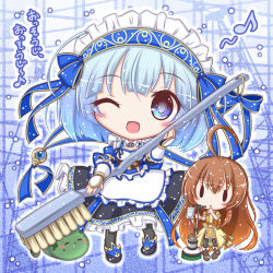 Rule 34 | 2girls, :3, :o, ;d, = =, ahoge, apron, beige dress, black dress, black footwear, black legwear, blue bow, blue eyes, blue hair, blush, blush stickers, boots, bow, brown footwear, brown hair, brown jacket, brush (ole tower), closed eyes, closed mouth, commentary request, dress, frilled apron, frilled dress, frills, hair between eyes, hand to own mouth, head tilt, holding, holding brush, jacket, komakoma (magicaltale), long hair, looking at viewer, maid headdress, multiple girls, musical note, ole tower, one eye closed, open mouth, pantyhose, parted lips, polisher (ole tower), puffy short sleeves, puffy sleeves, quaver, short sleeves, smile, solid oval eyes, standing, toothbrush, translation request, vambraces, very long hair, waist apron, white apron