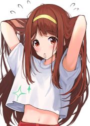 Rule 34 | 1girl, aaaaaasd6, absurdres, adjusting hair, arms behind head, blush, flying sweatdrops, hairband, highres, idolmaster, idolmaster million live!, looking at viewer, mouth hold, navel, red eyes, red hair, rubber band, shirt, simple background, solo, tanaka kotoha, tying hair, upper body, white background, white shirt, yellow hairband