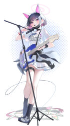 Rule 34 | 1girl, absurdres, amejaga, animal ears, bass guitar, belt, black choker, black hair, black jacket, black mask, blue archive, cat ears, choker, clothes around waist, colored inner hair, electric guitar, extra ears, full body, guitar, halo, highres, holding, holding guitar, holding instrument, holding microphone stand, instrument, jacket, jacket around waist, kazusa (band) (blue archive), kazusa (blue archive), looking at viewer, mask, mask pull, microphone, microphone stand, mouth mask, multicolored hair, official alternate costume, pink halo, pleated skirt, red eyes, shirt, skirt, smile, solo, standing, surgical mask, thigh belt, thigh strap, white shirt, white skirt
