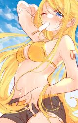 Rule 34 | 1girl, adjusting clothes, adjusting shorts, aged up, arm up, bare arms, bare shoulders, belt, bikini, bikini top only, black shorts, blonde hair, blue eyes, blue sky, breasts, cowboy shot, eating, food, future style (module), hair ornament, hairclip, hand on own stomach, highres, kagamine rin, long hair, medium breasts, midriff, mimi mine, mismatched armpit hair, mouth hold, narrow waist, number tattoo, one eye closed, orange belt, popsicle, short shorts, shorts, shoulder tattoo, sky, solo, sweat, swimsuit, tattoo, very long hair, vocaloid, yellow nails