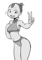 Rule 34 | 1girl, bare shoulders, greyscale, hand on own chest, ken (koala), looking at viewer, md5 mismatch, monochrome, open mouth, original, simple background, smile, solo, swimsuit, v, white background