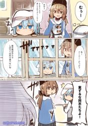Rule 34 | 3girls, ^^^, anchor necklace, blouse, blue shawl, brown hair, cheese (cheese koubou), comic, desk, door, fur hat, gangut (kancolle), hair ornament, hairclip, hammer and sickle, hat, hibiki (kancolle), jewelry, kantai collection, low twintails, multiple girls, necklace, no mouth, open mouth, papakha, rain, red shirt, scarf, shawl, shirt, signature, silver hair, tashkent (kancolle), torn clothes, torn scarf, translation request, twintails, verniy (kancolle), window
