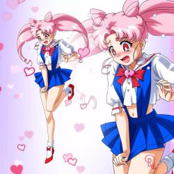 Rule 34 | 1girl, aged up, bishoujo senshi sailor moon, blush, chibi usa, crop top, drachea rannak, earrings, embarrassed, heart, jewelry, long hair, miniskirt, pink hair, red eyes, short sleeves, skirt, standing, standing on one leg, twintails, wrong size