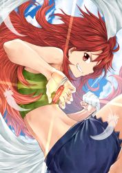 Rule 34 | 10s, 1girl, amou kanade, bare arms, bare shoulders, barefoot, blue sky, clenched hand, cloud, crystal, day, denim, denim shorts, feathers, glowing, green shirt, grin, highres, holding, jewelry, judo fuu, long hair, looking at viewer, looking to the side, midriff, necklace, red eyes, red hair, senki zesshou symphogear, shirt, shorts, sky, sleeveless, smile, smirk, solo, spiked hair, striped clothes, striped shirt, unworn jewelry, unworn necklace, wind